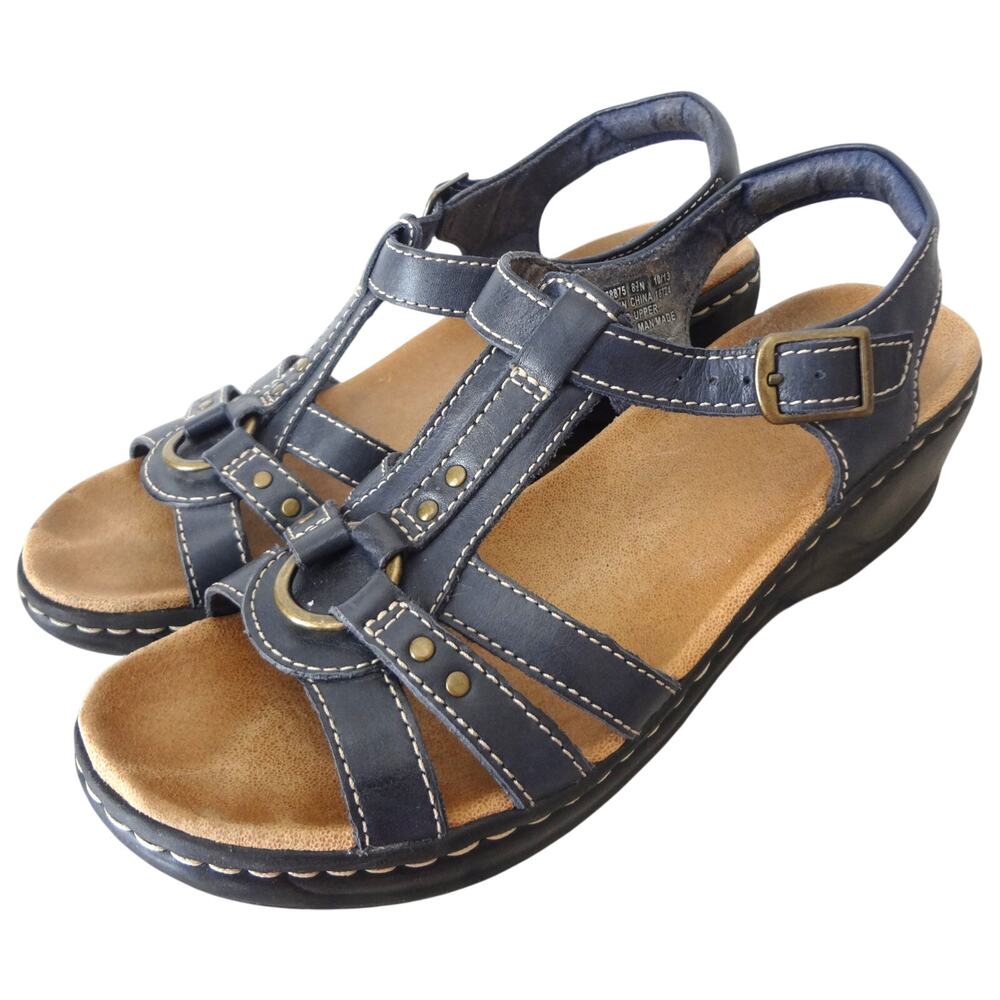 CLARKS Navy Blue Leather T Strap Sandal 8.5N Narrow Low Wedge Open Toe Slingback